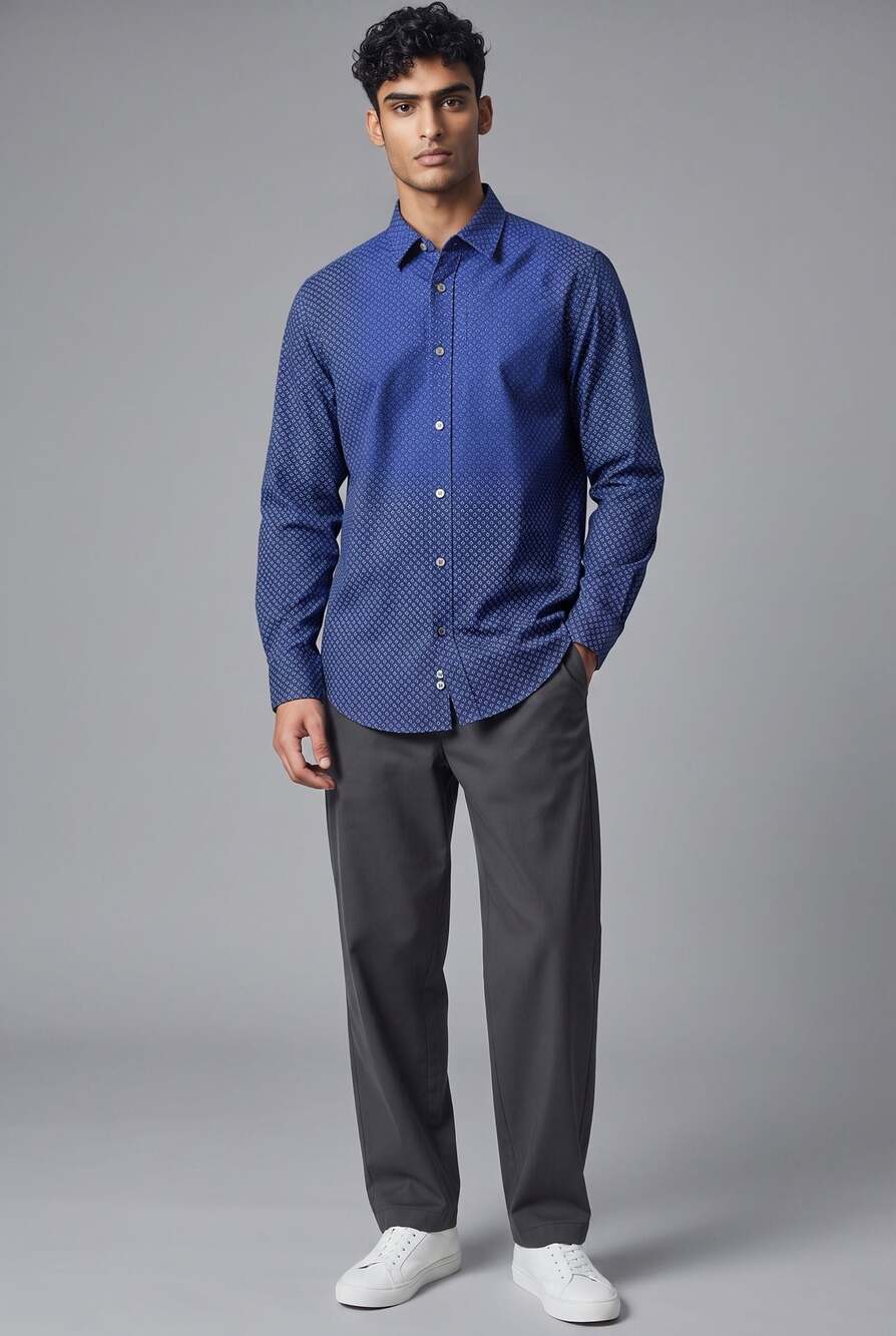 Hugo Boss Mens Slim Fit Geometric Microdot Long Sleeve Dress Shirt Blue Size M